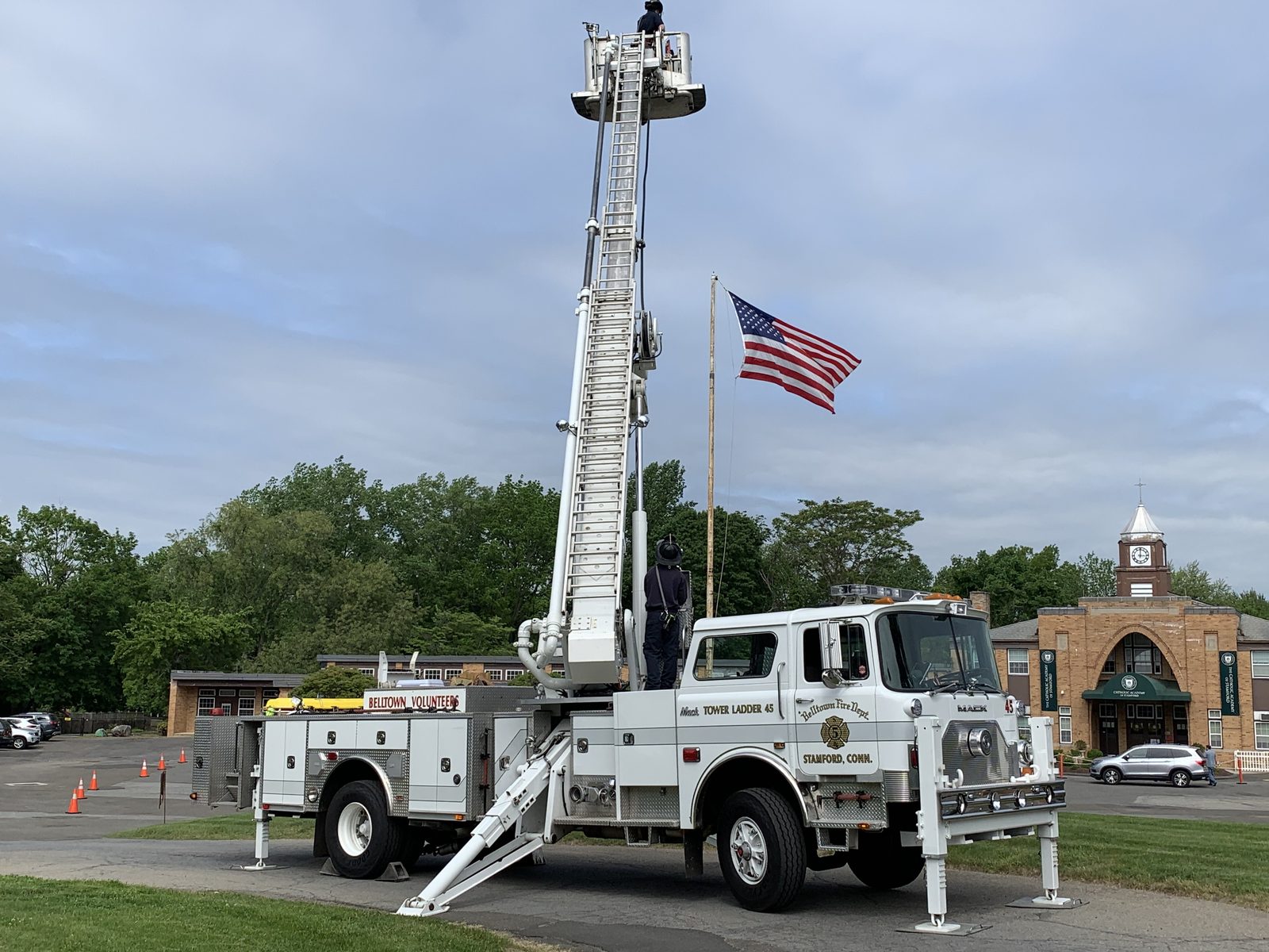 Truck 45 tower raised with flag